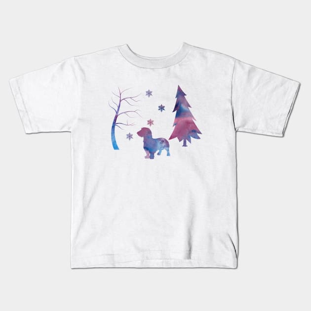 Wire Haired Dachshund Winter Snowflakes Art Kids T-Shirt by BittenByErmines